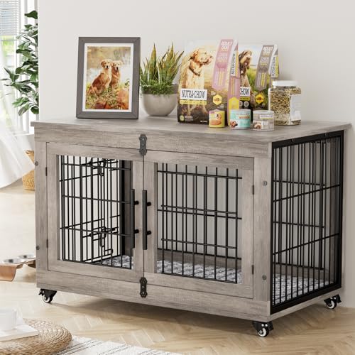 Lulive Large Dog Crate Furniture, 38'' Wooden Dog Crate End Table, Double Door Dog Kennel Indoor with Cushion & Wheels, Decorative Dog Cage House Chew-Resistant for Large/Medium, Grey - color: Grey Set of 1, size: 38.5"L x 25.2"W x 26.8"H