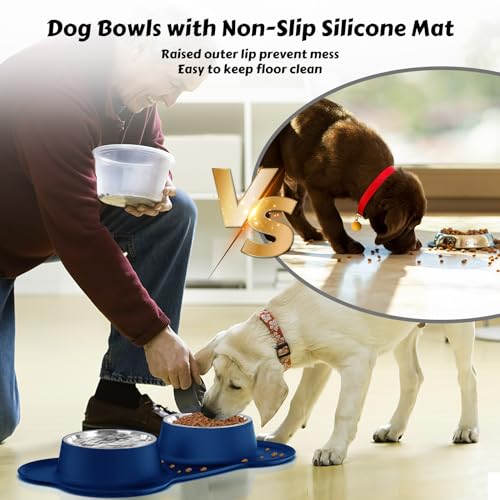 AsFrost Dog Food Bowls Stainless Steel Dog Food & Water Bowl Set with No Spill No Slip Silicone Mat, Dog Dishes for Small Medium Size Dogs Pet Cat Puppy Food Feeding Bowls, Blue, 24oz, 3 Cup - color: BLUE, size: 3 Cup/27 oz each