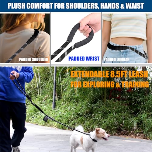 Hands Free Dog Leash Crossbody & Waist for Dog Walking, 9-in-1 No Pull Heavy Duty Leash with 2 Padded Handles, Reflective & Tangle-Free for Large & Medium Dogs (1/2" x 8.5 ft, Black) - size: 8.5 Ft(no slip lead & bungee)