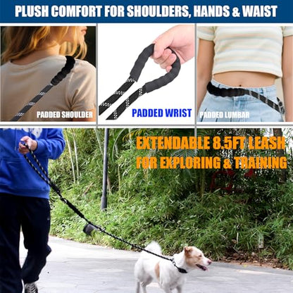 Hands Free Dog Leash Crossbody & Waist for Dog Walking, 9-in-1 No Pull Heavy Duty Leash with 2 Padded Handles, Reflective & Tangle-Free for Large & Medium Dogs (1/2" x 8.5 ft, Black) - size: 8.5 Ft(no slip lead & bungee)