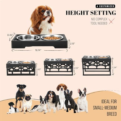 AVERYDAY Small Dog Bowls Elevated, 4 Height Adjustable Raised Dog Bowl Stand with 2 Stainless Steel Food and Water Bowls Set, Tall Dogs Feeding Station with Anti-Slip Base for Small Medium Breeds Dogs - color: Black stand + 2 food bowls, size: Small