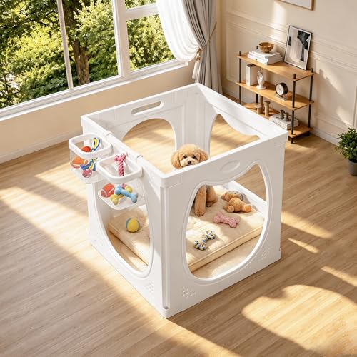 Dog Playpen with Storage Basket, 4 PCS 23.6" H Clear Acrylic Puppy Playpen with Dog Head Shape, Foldable Cat Playpen Indoors Outdoors with Door Gate for Small & Medium Pet Rabbit, Duck, Chick