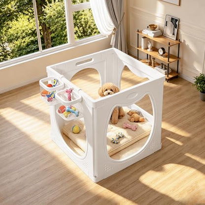 Dog Playpen with Storage Basket, 4 PCS 23.6" H Clear Acrylic Puppy Playpen with Dog Head Shape, Foldable Cat Playpen Indoors Outdoors with Door Gate for Small & Medium Pet Rabbit, Duck, Chick