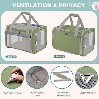 Soft Cat Carrier for Pets Up to 20 Lbs, Collapsible Cat Carrier Bag with Privacy Curtains, Airline Approved Small Pet Carrier for Small Medium Cats Dogs Puppy, Washable Soft Pet Travel Bag Dog Carrier - color: Grass Green