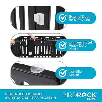 BIRDROCK HOME Dog Playpen w/Door, 12 Panel, 25.6in H | Strong Plastic, Non-Slip Puppy Playpen, Secure Pet Gate | Indoor Outdoor Fence | Configurable Panels | Small to Medium Pets - Black - color: Black, style: 12 Panels