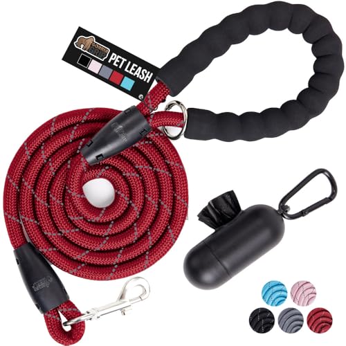 GORILLA GRIP Dog Leash, Heavy Duty Reflective Rope Leashes for 105lb Dogs, Cats, Small Animals, Puppy Training Essential for Walks, Hikes, Soft Handle, Rotating Metal Clip, Waste Bag Dispenser, Red - color: Red, size: 4 FT X 1/2 Inch (105lb)