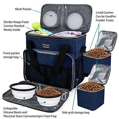 BAGLHER Dog Travel Bag, Pet Travel Bag (ALL Pet Travel Supplies), With 2 Pet Food Containers and 2 Collapsible Silicone Bowls; Essential Kits for Pet Travel Dark Blue - color: Dark Blue, size: Medium