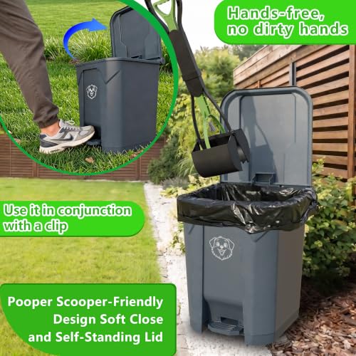 Outdoors Pet Waste Station 20L/5 Gallon Dog Poop Trash Can with Lid – Foot Pedal, Removable Inner Bin,Includes 200 Bonus Waste Bags & Long Handle Green Pooper Scooper