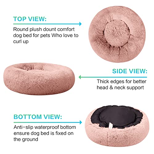 SAVFOX 23 inches Calming Donut Dog Bed - 3X Durable Plush Faux Fur, Machine Washable & Non-Slip, Fits up to 25 lbs, Pink - color: Pink, size: Small | 23"x23"
