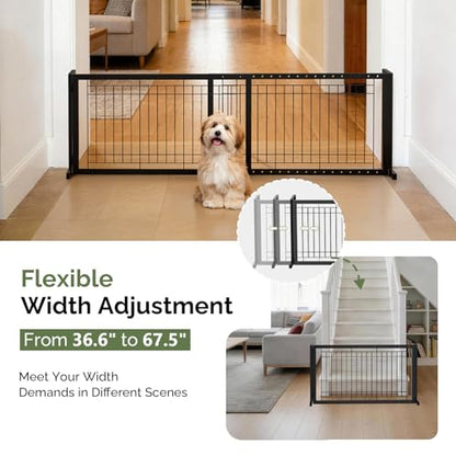 Outvita Free Standing Dog Gate, 21" Height Pet Gate Extra Wide Dog Gates for Stairs Doorways Front Porch Fireplace, 37" - 68" Wide Metal Adjustable Pet Fence Indoor, Black