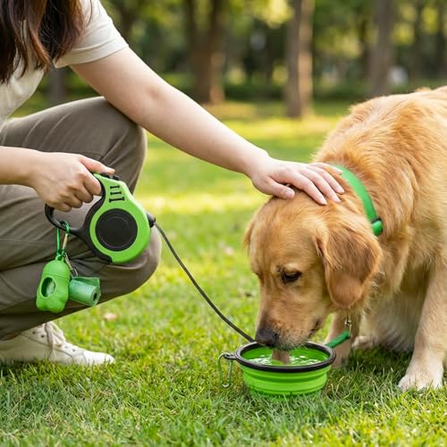 PETIMP Retractable Dog Leash Lightweight 16FT Leash, with Folding Bowl,Dispenser,Waste Bags, for Small Medium Dogs(Green) - color: GREEN