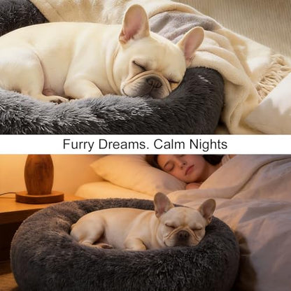 Dog Calming Beds for Small Medium Large Dogs - Round Donut Washable Puppy Dog Bed, Anti-Slip Faux Fur Fluffy Donut Cuddle Anxiety Cat Pet Bed(28" Dark Grey) - color: Dark Grey, size: 28"L x 28"W x 8"Th