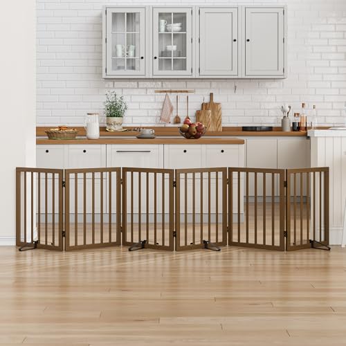 Dog Gate for Stairs,Foldable Dog Gate for Indoor Doorways House,Freestanding Pet Gates for Dogs,Doogie Puppy Fence Gate - color: Black Walnut, size: 6 Panel - 110 inches Wide