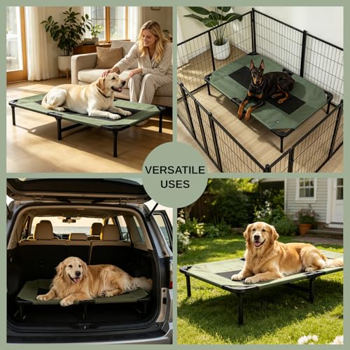 Elevated Dog Bed for Large Dogs, Cooling Mesh Raised Pet Cot with Waterproof 1680D Oxford Cover, Anti-Static Easy Clean Washable Cover, Heavy Duty Steel Frame, Non-Slip (Green, 46"L x 29"W x 7.5"Th) - color: Green