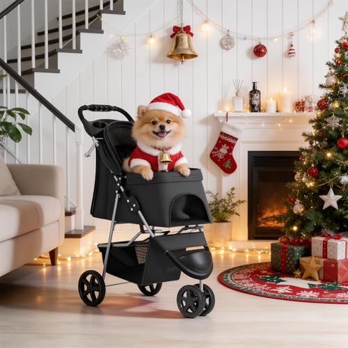 MoNiBloom Foldable Pet Stroller with Weather Cover, 3 Wheels Pet Strolling Cart for Small/Medium Dogs and Cats with Storage Basket and Cup Holder, Breathable and Visible Mesh for All-Season, Black - color: Black