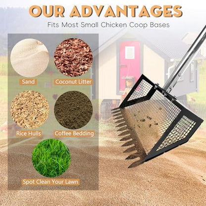 Chicken Poop Scooper and Rake 2-in-1, 10” Wide Metal Coop Scoop for Sand Sifting Shovel with 22" to 62” Adjustable Stainless Steel Handle, Cleaning Tools for Chicken Coops & Farm Animals Scoop