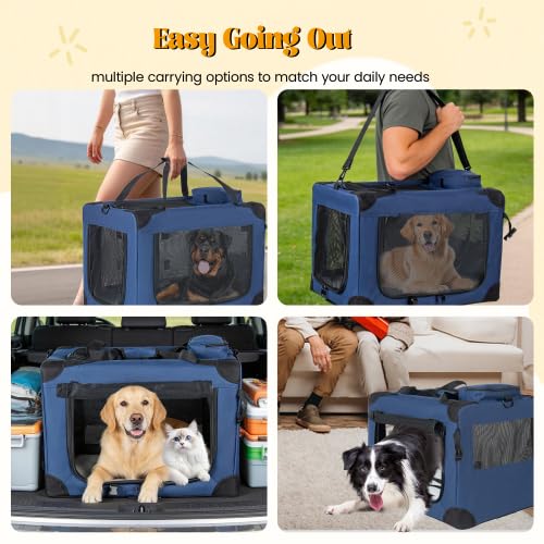 40 Inch 2-in-1 Dog Carrier with Wheels, Travel Soft Dog Crate with Detachable 360° Wheels & Retractable Handle, Collapsible Mesh Pet Kennel Bag for Road Trips & Flying, Heavy Duty Up to 90 lbs, Blue