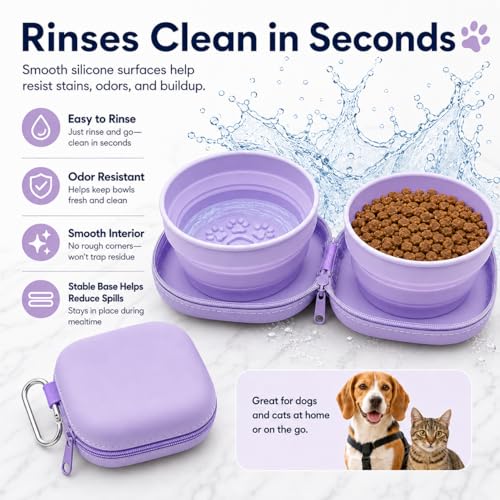 Portable Dog Bowl, Collapsible 2-in-1 Travel Dog Bowls with Carabiner Clip, Silicone Double Pet Food and Water Dish for Outdoor Camping and Hiking (Purple) - color: Purple