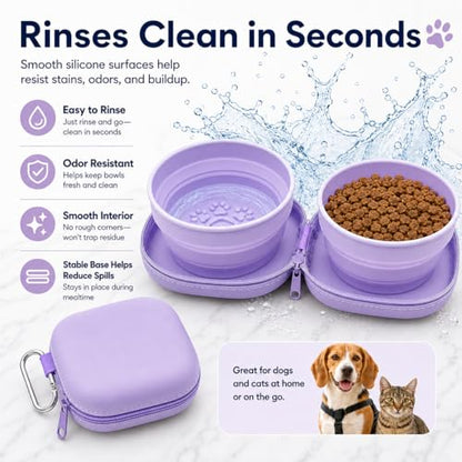 Portable Dog Bowl, Collapsible 2-in-1 Travel Dog Bowls with Carabiner Clip, Silicone Double Pet Food and Water Dish for Outdoor Camping and Hiking (Purple) - color: Purple