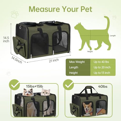 Cat Carrier for 2 Cats - Double Pet Carrier Extra Large, Dual Cabin Multi Cat Travel Carrier with Removable Divider, Collapsible, Can Hold 20 30 40 lbs for Two Kitten Green 2026 Upgraded - color: Green Upgraded
