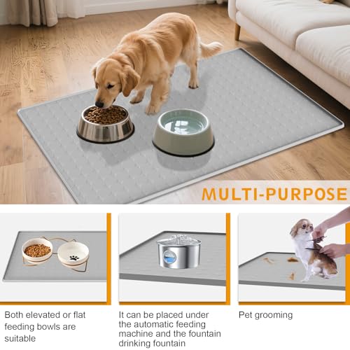 Extra Large Silicone Dog Food Mat 33.9"x21.9" – 0.27" Raised Edge Waterproof Pet Feeding Mat, Non-Slip Placemat for Multiple Bowls, Auto Feeders, Cat Fountains, Dishwasher Safe (Black/Gray) - color: Gray