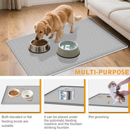 Extra Large Silicone Dog Food Mat 33.9"x21.9" – 0.27" Raised Edge Waterproof Pet Feeding Mat, Non-Slip Placemat for Multiple Bowls, Auto Feeders, Cat Fountains, Dishwasher Safe (Black/Gray) - color: Gray