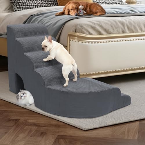 30 Inches Foam Dog Stairs for High Bed and Couch, 6 Tiers Extra Wide Pet Ramp with Built-in Tunnel, High-Density L-Shaped Pet Steps with Removable Washable Corduroy Cover
