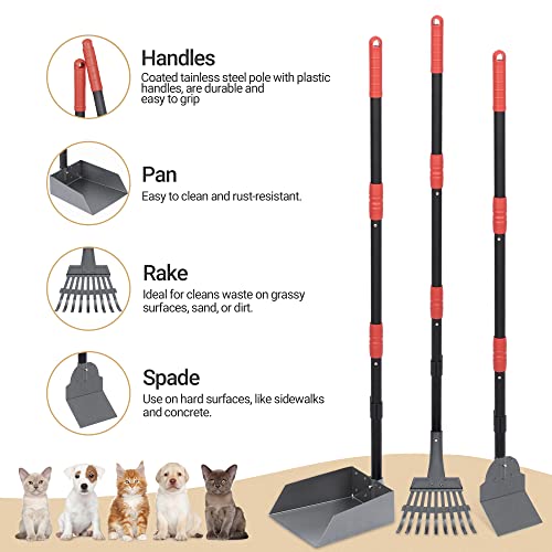 Heeyoo Dog Pooper Scooper, Dog Poop Tray and Rake Set, Pet Waste Removal Scoop with Long Adjustable Sectional Stainless Handles - color: Black/Red