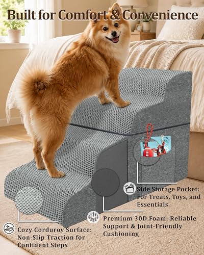 Dog Stairs for Bed & Couch, 15.7"H 3-Step High Density Foam Dog Steps for Small & Senior Dogs, Non-Slip Stable Pet Stairs for Sofa, Bedside, Balanced Bedroom Doggy Ramp with Removable Cover - size: 3-Step 15.7"H