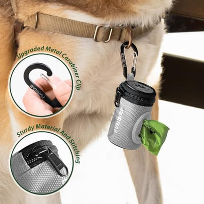 FURHAB Glow Dog Poop Bag Holder for Leash Doggie Waste Bag Dispenser Puppy Potty Carrier Small Doggy Zipper Pouch with Carabiner Clip 1680D Nylon Oxford with 1 Roll of Pet Trash Bags, Silver - color: Silver