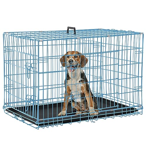Dog Crate, Folding Portable Outdoor Large Two Door Metal Cat Dog Cage with ABS Tray LC Panel Floor Protecting Feet Wire Animal Pet Dog Kennel with Divider - color: Blue, size: 30 inch
