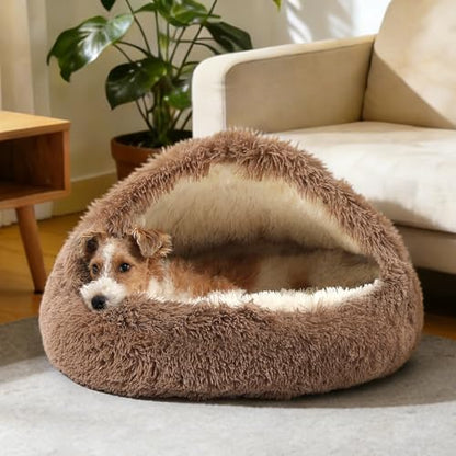 NOYAL Round Hooded Donut Dog Bed for Small & Medium Pets - Plush Fluffy Anti-Anxiety Cat Cave Bed with Cover - color: Brown, size: Medium 23.6''