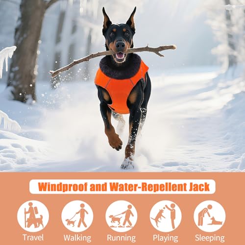 DENTRUN Warm Dog Winter Coat, Easy On Reflective Turtleneck Fleece Jacket | Adjustable buckle, easy on off, windproof & water-repellent, thick fleece snowsuit, outfit fits small to large breeds - color: Orange, size: Medium