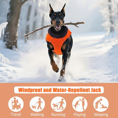 DENTRUN Warm Dog Winter Coat, Easy On Reflective Turtleneck Fleece Jacket | Adjustable buckle, easy on off, windproof & water-repellent, thick fleece snowsuit, outfit fits small to large breeds - color: Orange, size: Medium