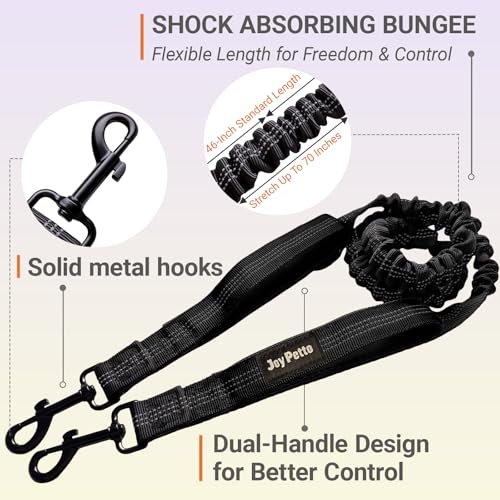 Hands-Free Bungee Dog Leash for Running Walking Small Medium Dogs | 4-6ft length, 28-47in adjustable waist belt, 2 reinforced handles, shock absorbing, reflective anti-pull, black handles - color: Black