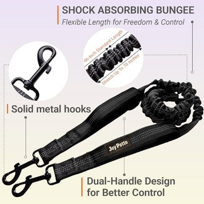 Hands-Free Bungee Dog Leash for Running Walking Small Medium Dogs | 4-6ft length, 28-47in adjustable waist belt, 2 reinforced handles, shock absorbing, reflective anti-pull, black handles - color: Black