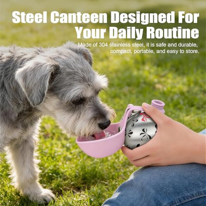 Portable Dog Water Bottle 10oz Stainless Steel Travel Dog Water Dispenser with Bowl No-Spill Puppy Water Bottle for Walking Hiking Small Dog Water Bottle (Pink Bow Print) - color: Pink Bow Print