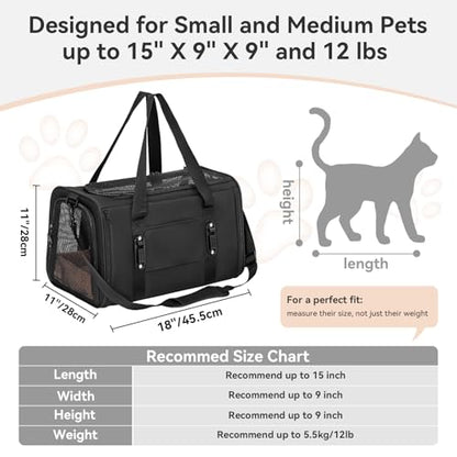 PETSFIT Soft-Sided Cat Carrier with Patented Safety Buckles, Lockable Zippers & Safety Tether,Escape-Resistant Travel Pet Carrier for Car Rides & Vet Visits, Airline Approved Under-Seat, Up to 12 lbs - color: Black, size: 18.0"L x 11.0"W x 11.0"H