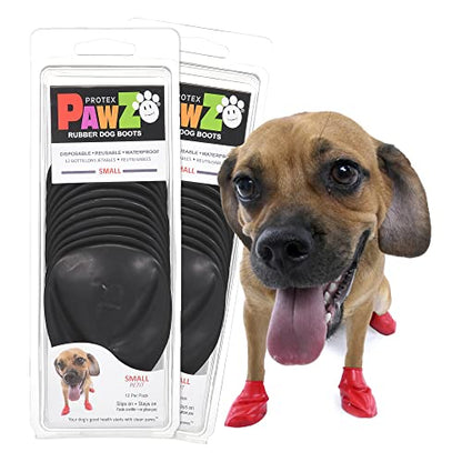 PawZ Rubber Dog Boots for Small Paws - All-Weather Waterproof Dog Shoes, Anti-Slip Traction for Rain, Snow, Mud & Hot Pavement - Pull-On Dog Booties, Black - Small (2"-2.5") - Pack of 24 - size: S