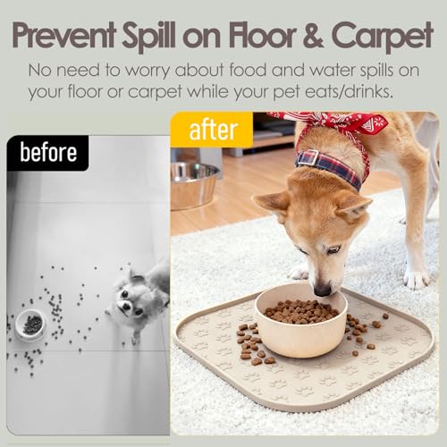 Pet Feeding Mat, Waterproof Anti-Slip Placemats for Dog Cat Bowl Silicone Pet Food Mat, Raised Edge Prevent Spills on Floor & Carpet, Dishwasher Safe (Beige, 11" x 11") - color: Beige