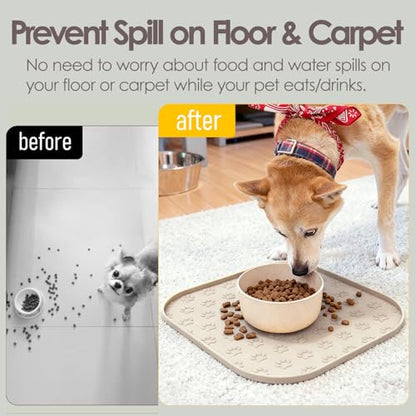 2 Pack Pet Feeding Mats, Waterproof Anti-Slip Placemats for Dog Cat Bowl Silicone Pet Food Mat, Raised Edge Prevent Spills on Floor & Carpet, Dishwasher Safe (2 Beige, 11" x 11") - color: 2 Beige