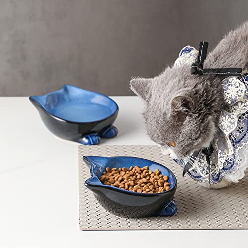 Nihow Ceramic Basic Cat Bowl: 5 Inch Cat Dish for Food & Water - Food Grade, Microwave & Dishwasher Safe - Elegant Blue & Black (4.25 OZ /1 PC) - color: Blue & Black, size: 4.25 OZ