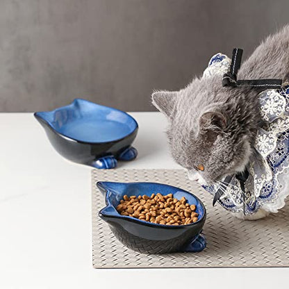 Nihow Ceramic Basic Cat Bowl: 5 Inch Cat Dish for Food & Water - Food Grade, Microwave & Dishwasher Safe - Elegant Blue & Black (4.25 OZ /1 PC) - color: Blue & Black, size: 4.25 OZ