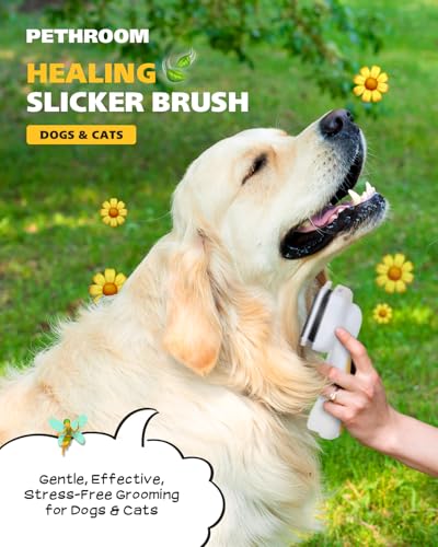 PETHROOM Self-Cleaning Slicker Brush for Dogs & Cats – Gentle Grooming & Deshedding Tool, Removes Mats & Tangles, Skin-Friendly Coated Tips, One-Touch Hair Removal Button