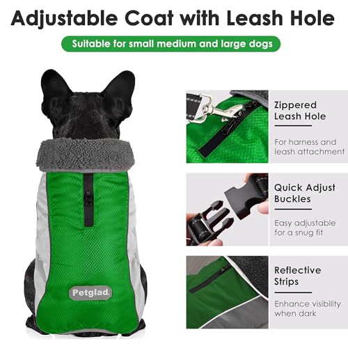 Petglad Dog Coat, Waterproof Ripstop Dog Winter Jacket with Leash Hole, Reflective Adjustable Warm Pet Fleece Snow Sweater for Small Medium Large Dogs - Green, 3XL - color: Green, size: 3XL