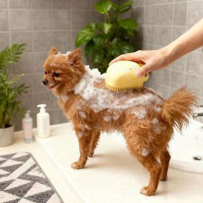 Silicone Dog Bath Brush – Dog Grooming Shampoo Scrubber with Soap Dispenser, Perfect for Shedding, Bathing, and Grooming, Ideal for Short and Long-Haired Dogs, Yellow - color: yellow