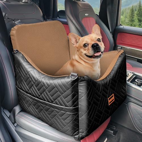 JOEJOY Dog Car Seats for Small Medium Dogs Under 35lbs, Waterproof PU Leather Dog Booster Seat with Detachable Cover, Thickened Memory Foam Pet Car Seat with Safety Belt and Storage Pockets - color: PU Brown, size: Small/Medium