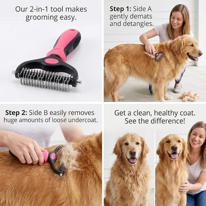 Pet Grooming Tool for Dogs & Cats, Double Sided Deshedding Brush with Undercoat Rake, Dematting Comb for Long Thick Coats, Pet Hair Removal Grooming Comb for Shedding & Detangling (1, Blue, Large)