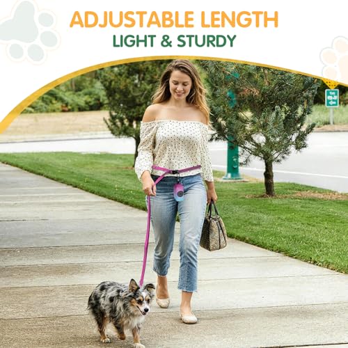 Kazazoo Hands-Free Dog Leash with Poop Bag Holder, Adjustable 4-7 Ft Waist for Dog Walking, Running for Small Dogs with Reflective Strips, Nylon Waist Belt, Hotpink - color: Hotpink