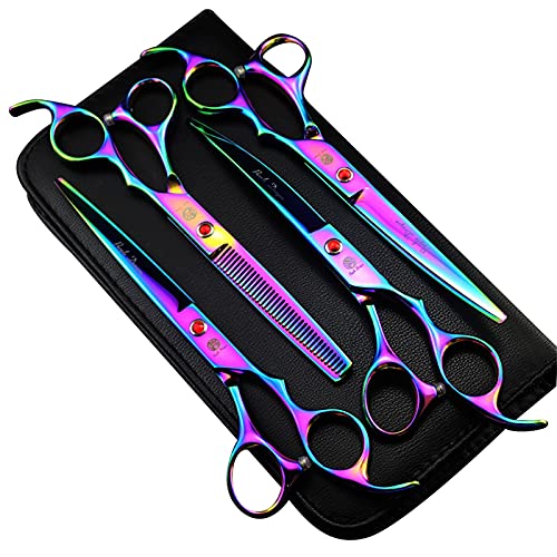 Purple Dragon Professional 7.0 inch 4PCS Pet Grooming Scissors Kit Japan Premium Steel Straight & Curved & Thinning Blade Dog Hair Cutting Shears Set with Case - color: Rainbow